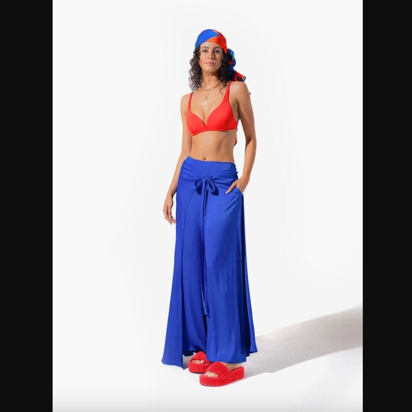 Harlan Anguilla Cobalt Satin Wide Leg Wrap Pant S - Picture 3 of 9